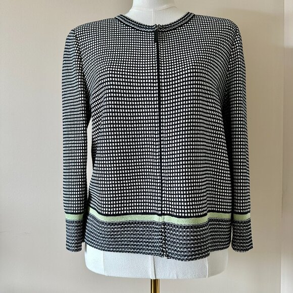 ST. JOHN | Lightweight Wool Black & White Knit Cardigan Sz L - Picture 2 of 5
